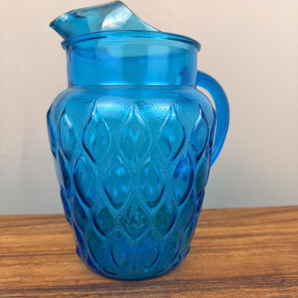 Anchor Hocking Madrid Blue Glass Pitcher Vintage Mid Century Textured Water Jug